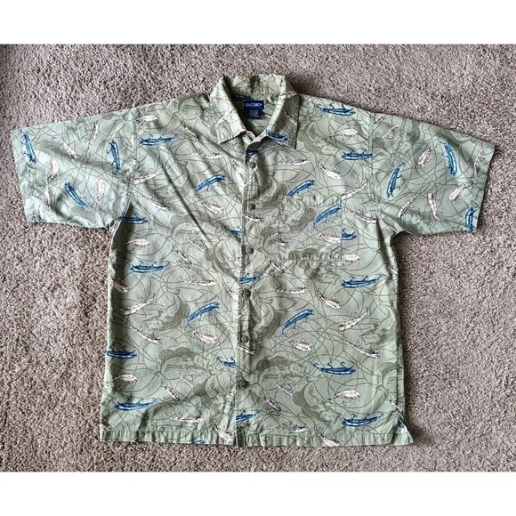 Vintage Puritan Button Down Shirt Men's Large Fishing Lures Green Short Sleeve - Picture 1 of 8